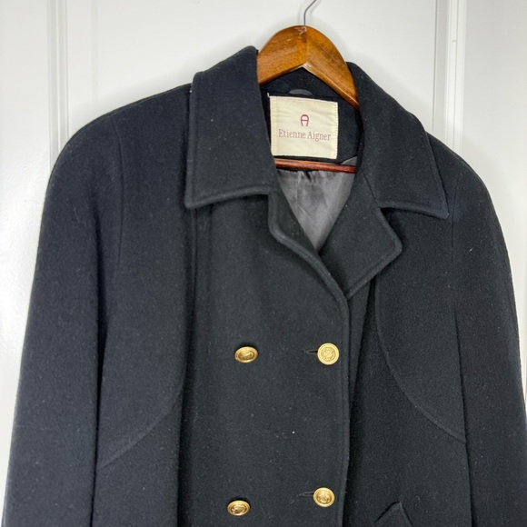 Etienne Aigner Jackets & Blazers - Etienne Aigner Vintage 100% Wool Pea Coat Black Gold Buttons Made in USA Size 12